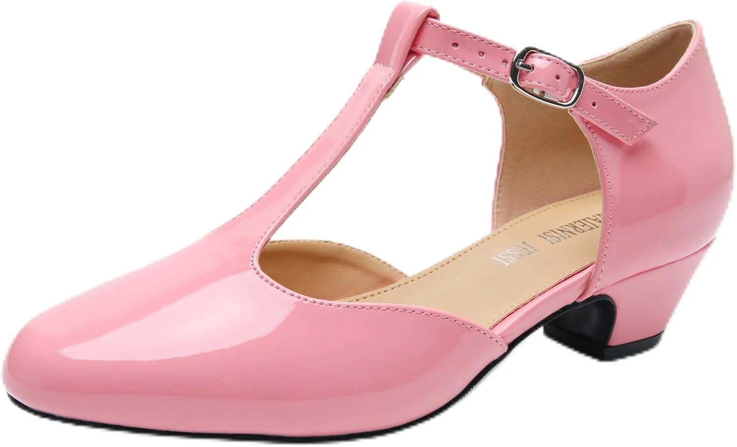 MAIERNISI JESSI Women's T-Strap Low Chunky Heel Mary Jane Pumps Cut Out Wedding Dress Shoes