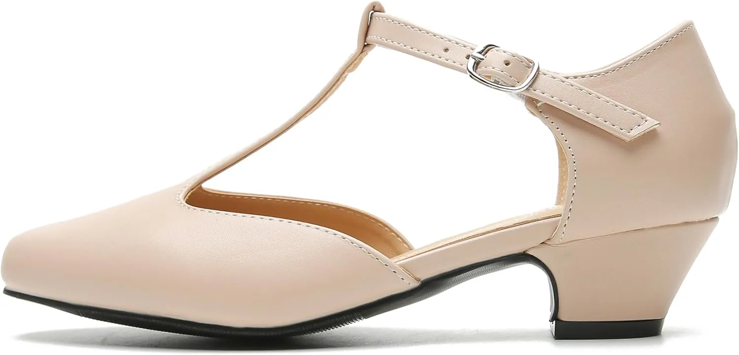 MAIERNISI JESSI Women's T-Strap Low Chunky Heel Mary Jane Pumps Cut Out Wedding Dress Shoes