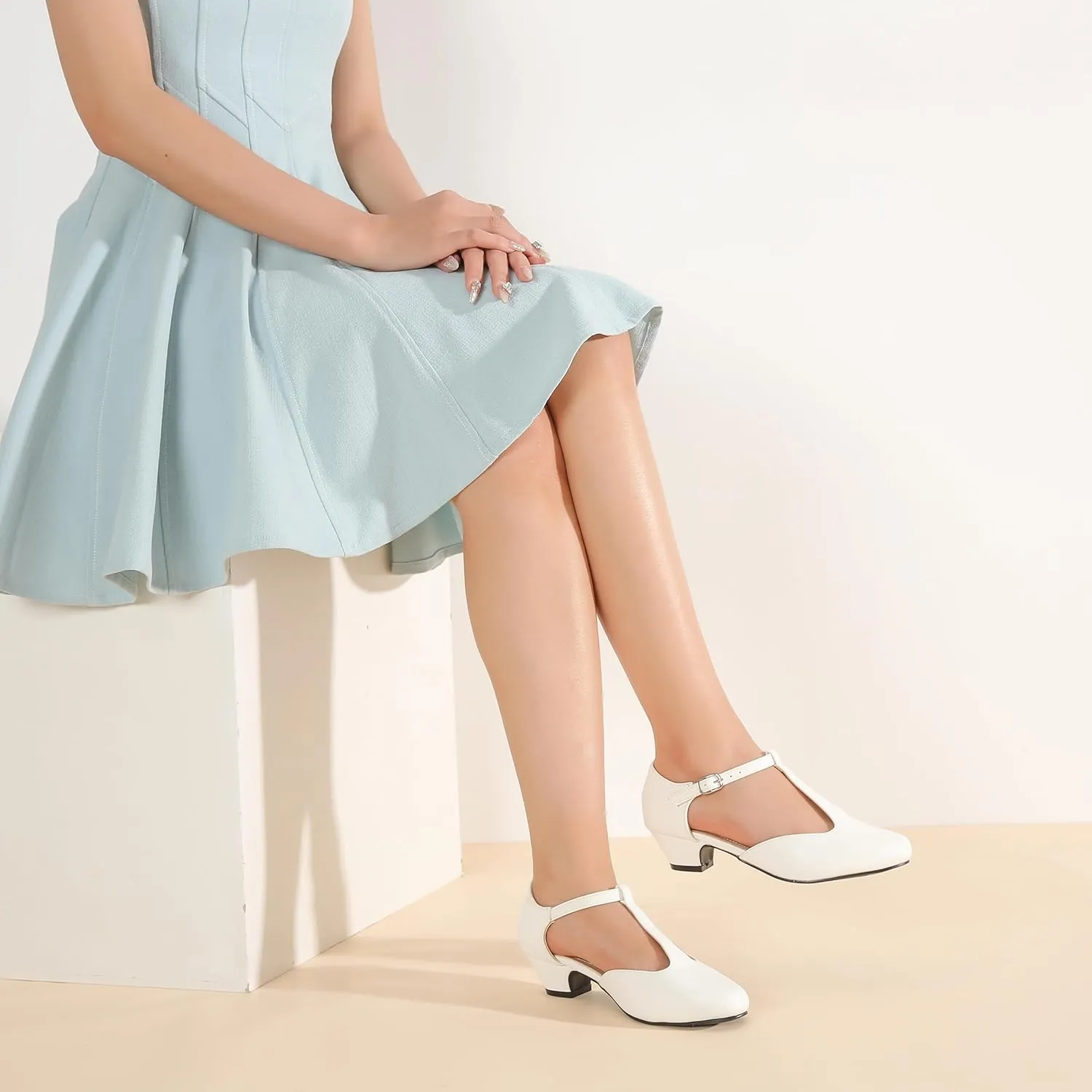 MAIERNISI JESSI Women's T-Strap Low Chunky Heel Mary Jane Pumps Cut Out Wedding Dress Shoes