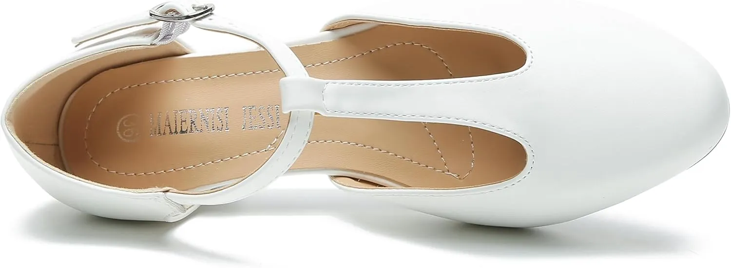 MAIERNISI JESSI Women's T-Strap Low Chunky Heel Mary Jane Pumps Cut Out Wedding Dress Shoes