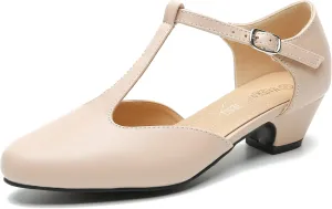 MAIERNISI JESSI Women's T-Strap Low Chunky Heel Mary Jane Pumps Cut Out Wedding Dress Shoes