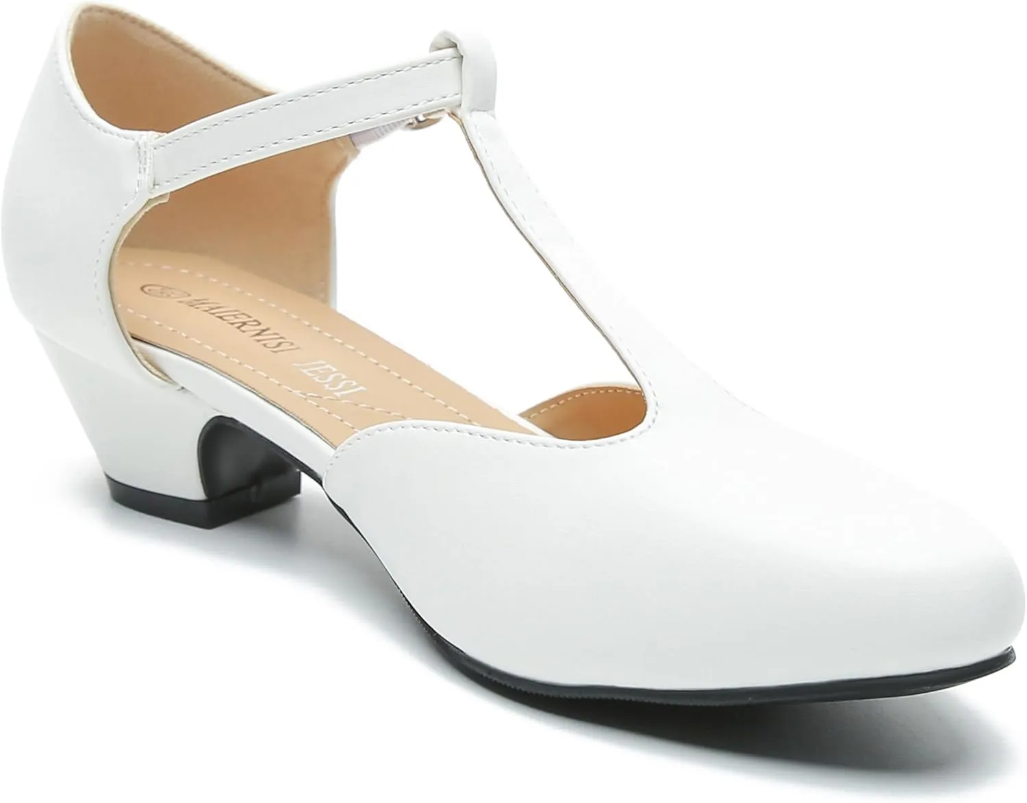 MAIERNISI JESSI Women's T-Strap Low Chunky Heel Mary Jane Pumps Cut Out Wedding Dress Shoes