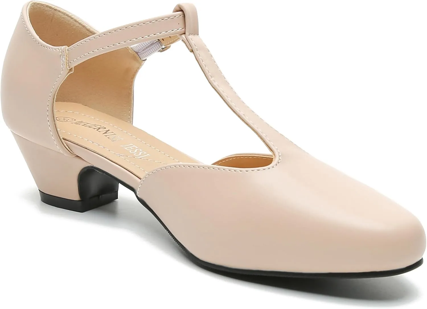 MAIERNISI JESSI Women's T-Strap Low Chunky Heel Mary Jane Pumps Cut Out Wedding Dress Shoes
