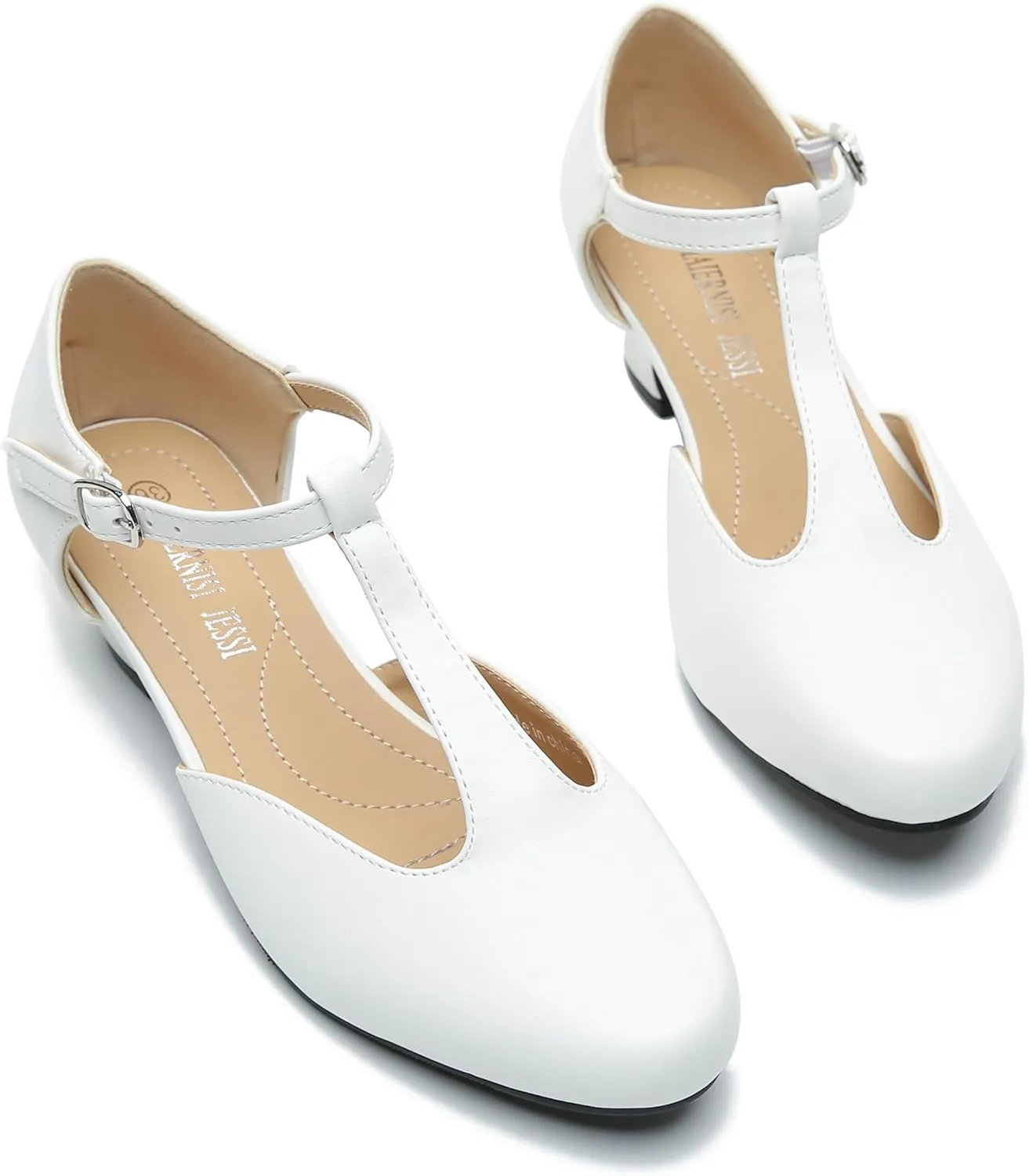 MAIERNISI JESSI Women's T-Strap Low Chunky Heel Mary Jane Pumps Cut Out Wedding Dress Shoes
