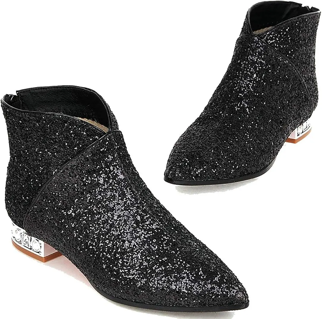 MAVMAX Sequin Low Heeled Ankle Boots Sparkly Block Heel Booties Shiny Glitter Flats Wedding Shoes for Women