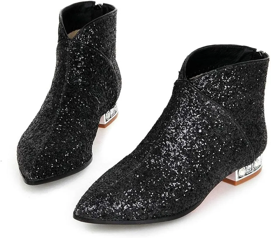 MAVMAX Sequin Low Heeled Ankle Boots Sparkly Block Heel Booties Shiny Glitter Flats Wedding Shoes for Women