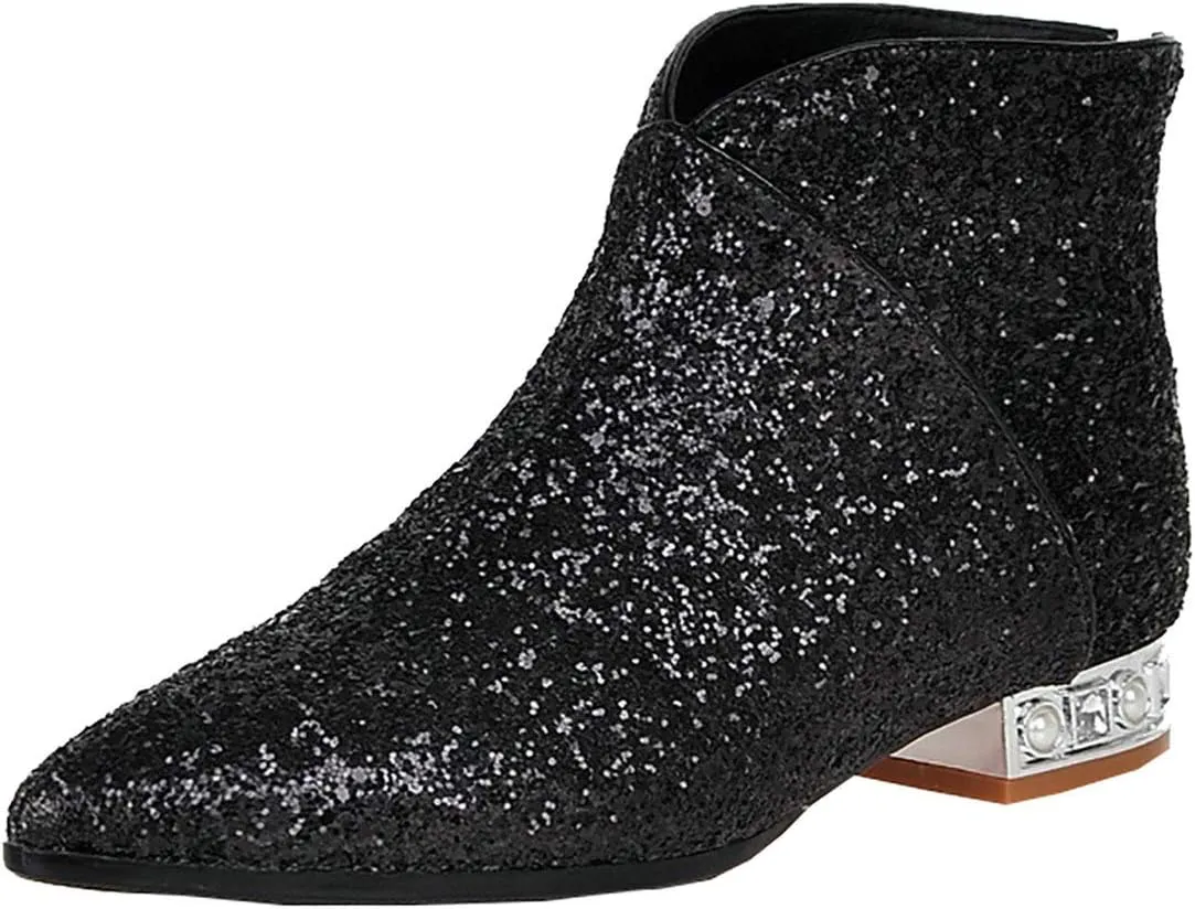 MAVMAX Sequin Low Heeled Ankle Boots Sparkly Block Heel Booties Shiny Glitter Flats Wedding Shoes for Women