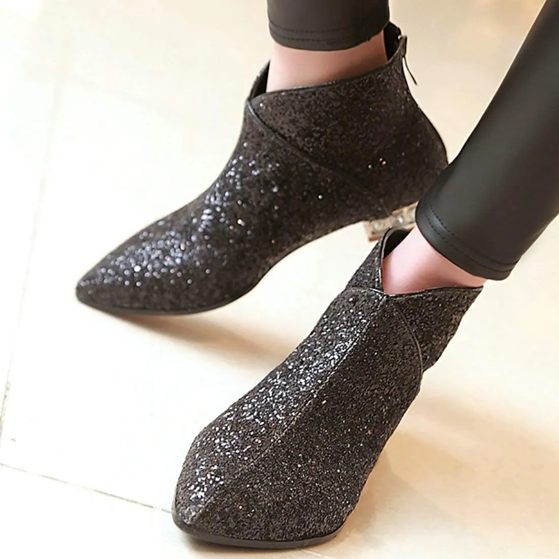 MAVMAX Sequin Low Heeled Ankle Boots Sparkly Block Heel Booties Shiny Glitter Flats Wedding Shoes for Women