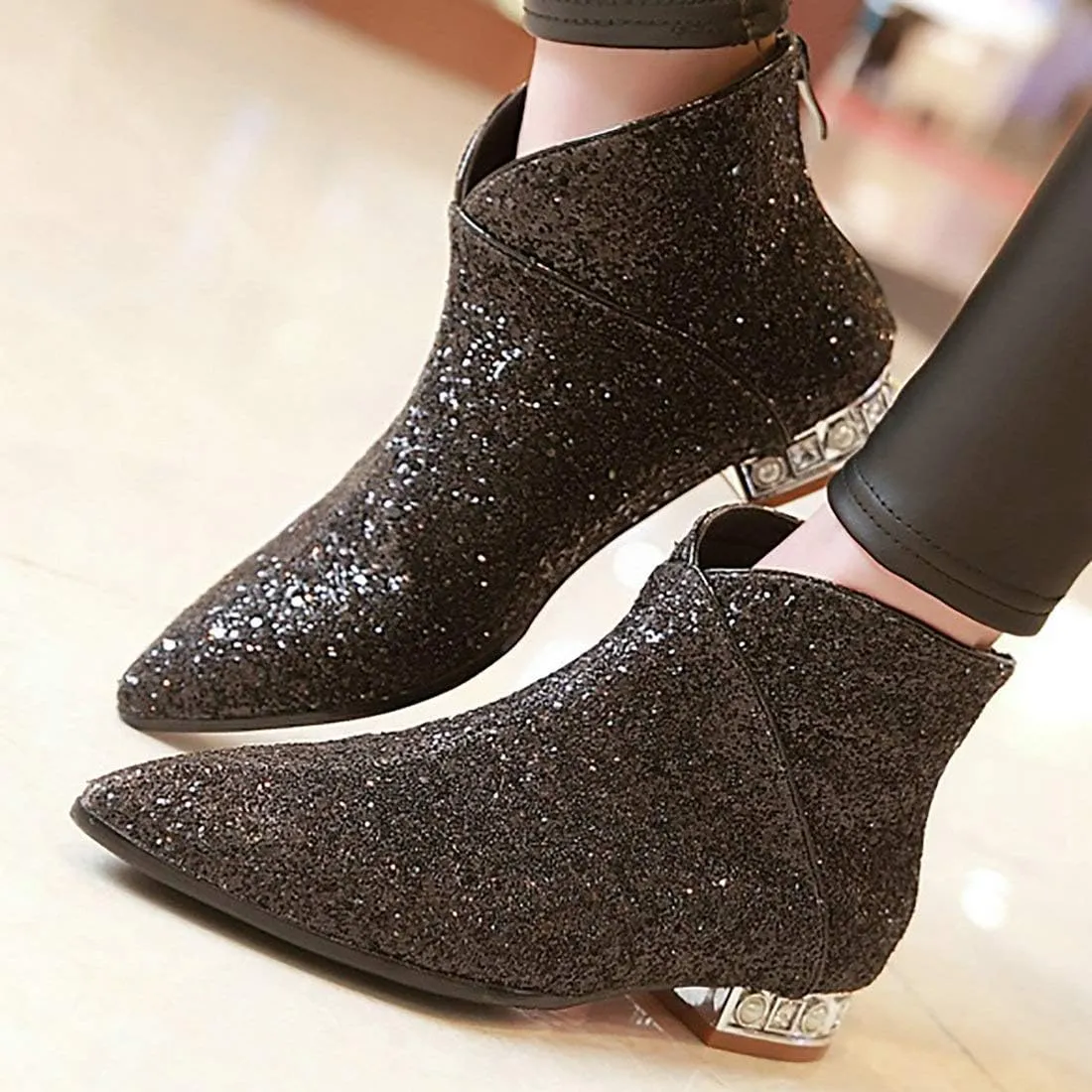 MAVMAX Sequin Low Heeled Ankle Boots Sparkly Block Heel Booties Shiny Glitter Flats Wedding Shoes for Women