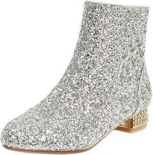 MAVMAX Sequin Low Heeled Ankle Boots Women Sparkly Glitter Block Heel Booties