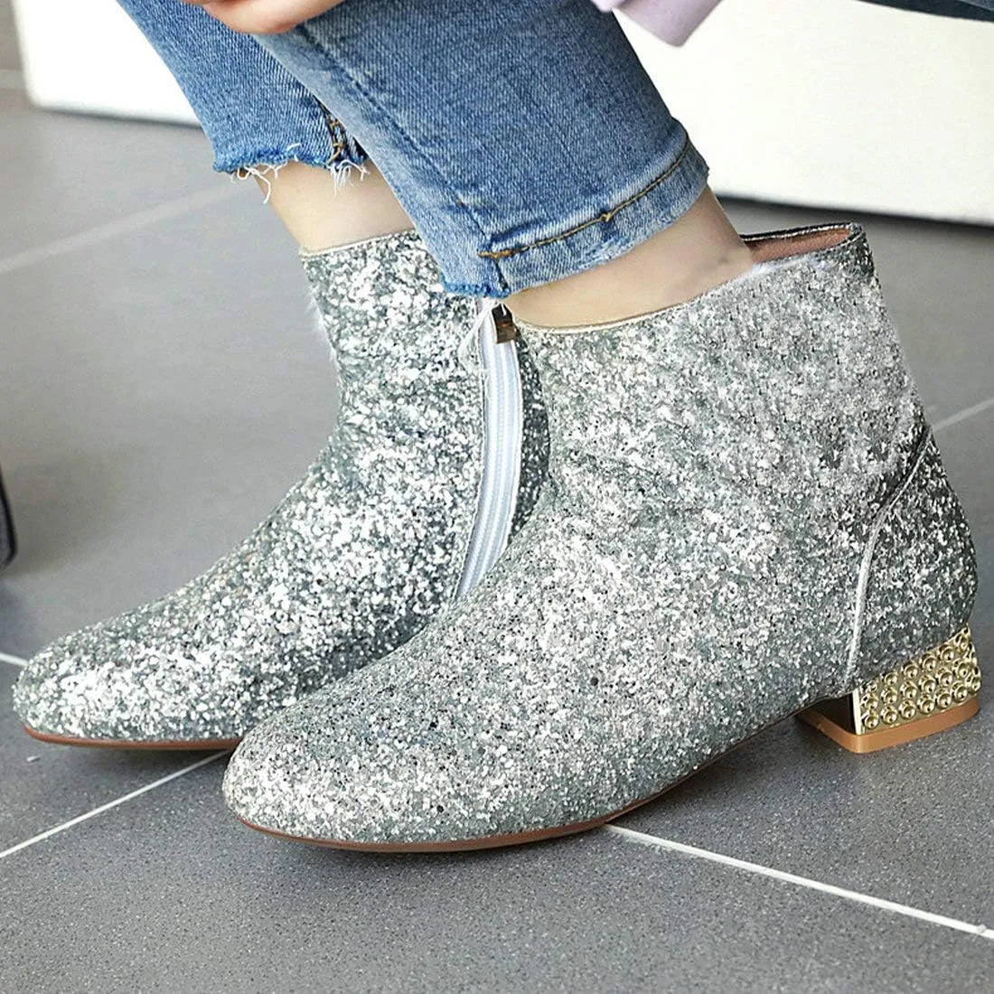 MAVMAX Sequin Low Heeled Ankle Boots Women Sparkly Glitter Block Heel Booties