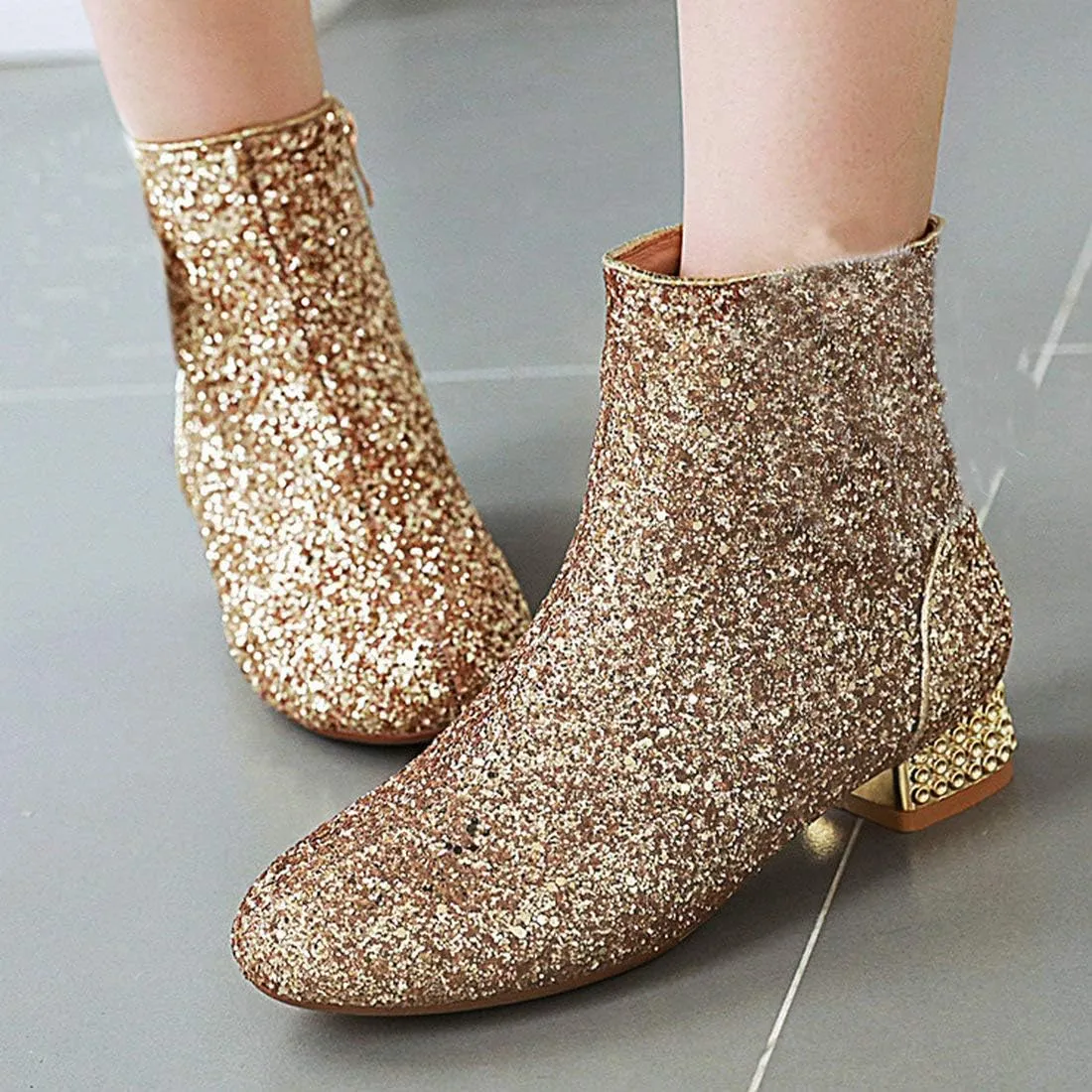 MAVMAX Sequin Low Heeled Ankle Boots Women Sparkly Glitter Block Heel Booties
