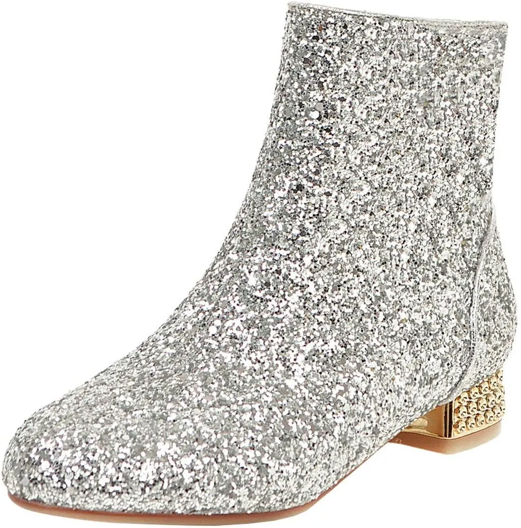 MAVMAX Sequin Low Heeled Ankle Boots Women Sparkly Glitter Block Heel Booties