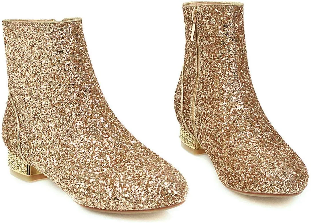 MAVMAX Sequin Low Heeled Ankle Boots Women Sparkly Glitter Block Heel Booties