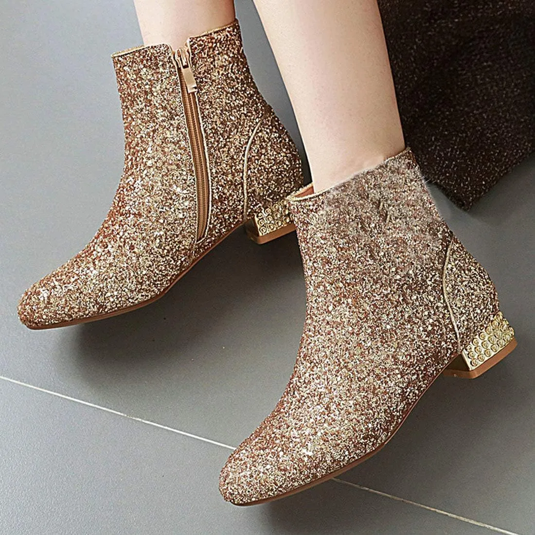 MAVMAX Sequin Low Heeled Ankle Boots Women Sparkly Glitter Block Heel Booties