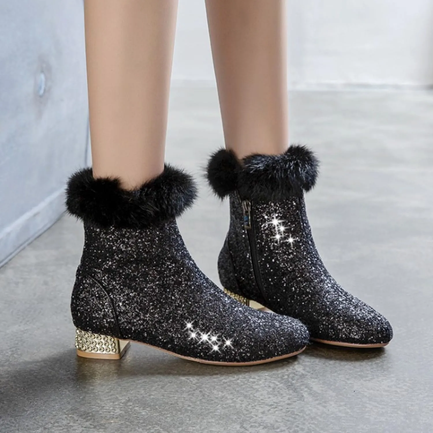 MAVMAX Sequin Low Heeled Ankle Boots Women Sparkly Glitter Block Heel Booties