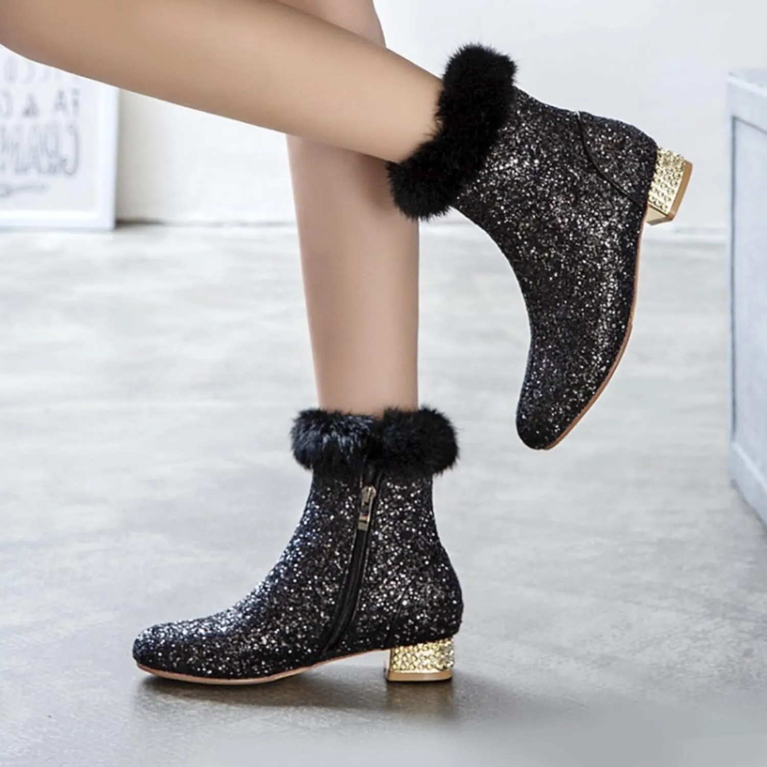 MAVMAX Sequin Low Heeled Ankle Boots Women Sparkly Glitter Block Heel Booties
