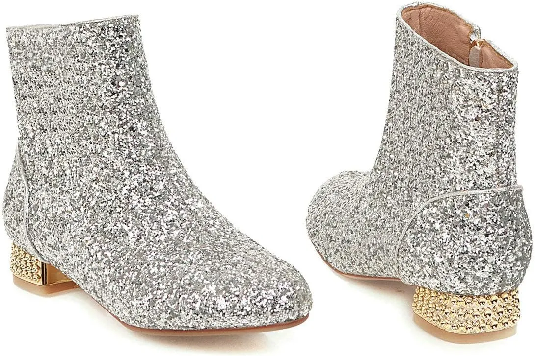 MAVMAX Sequin Low Heeled Ankle Boots Women Sparkly Glitter Block Heel Booties