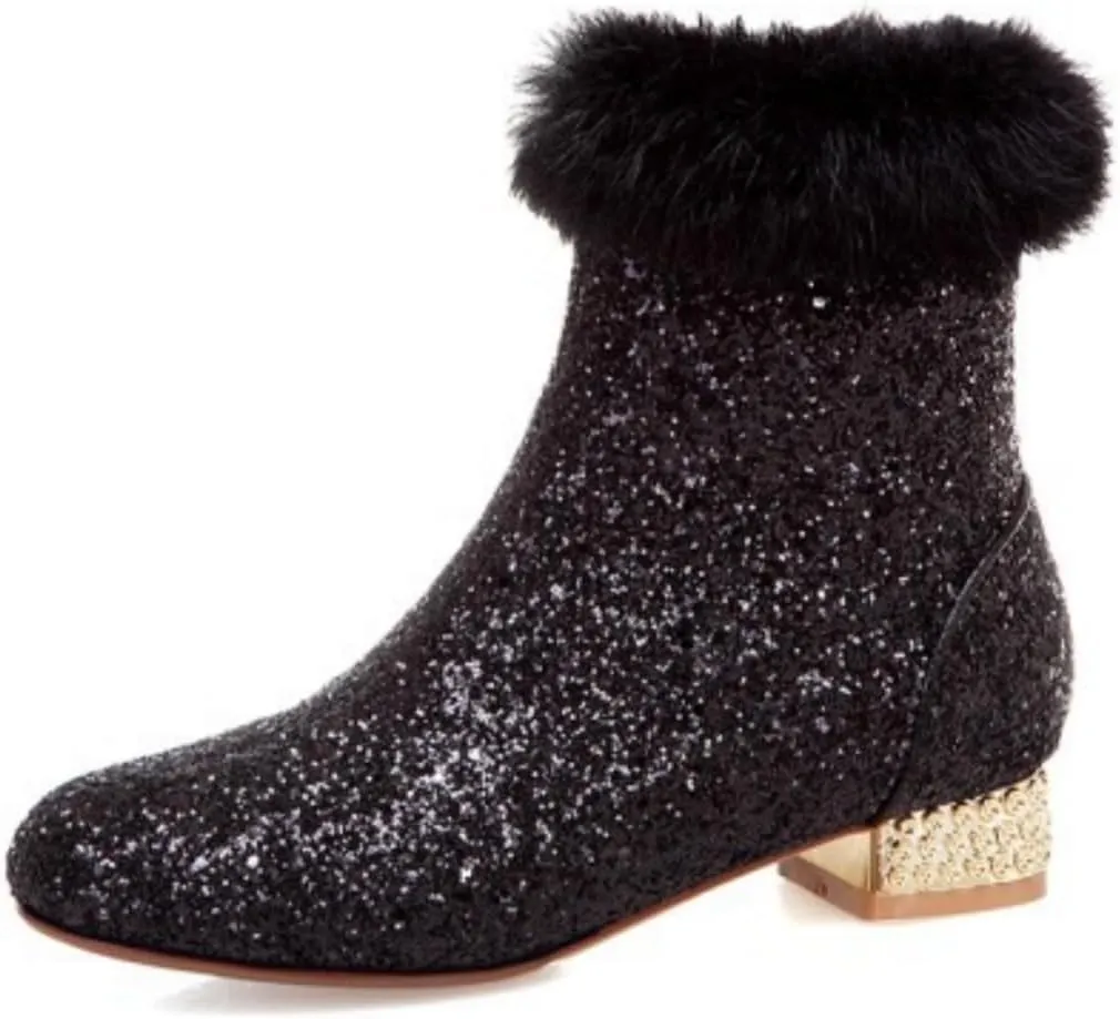 MAVMAX Sequin Low Heeled Ankle Boots Women Sparkly Glitter Block Heel Booties
