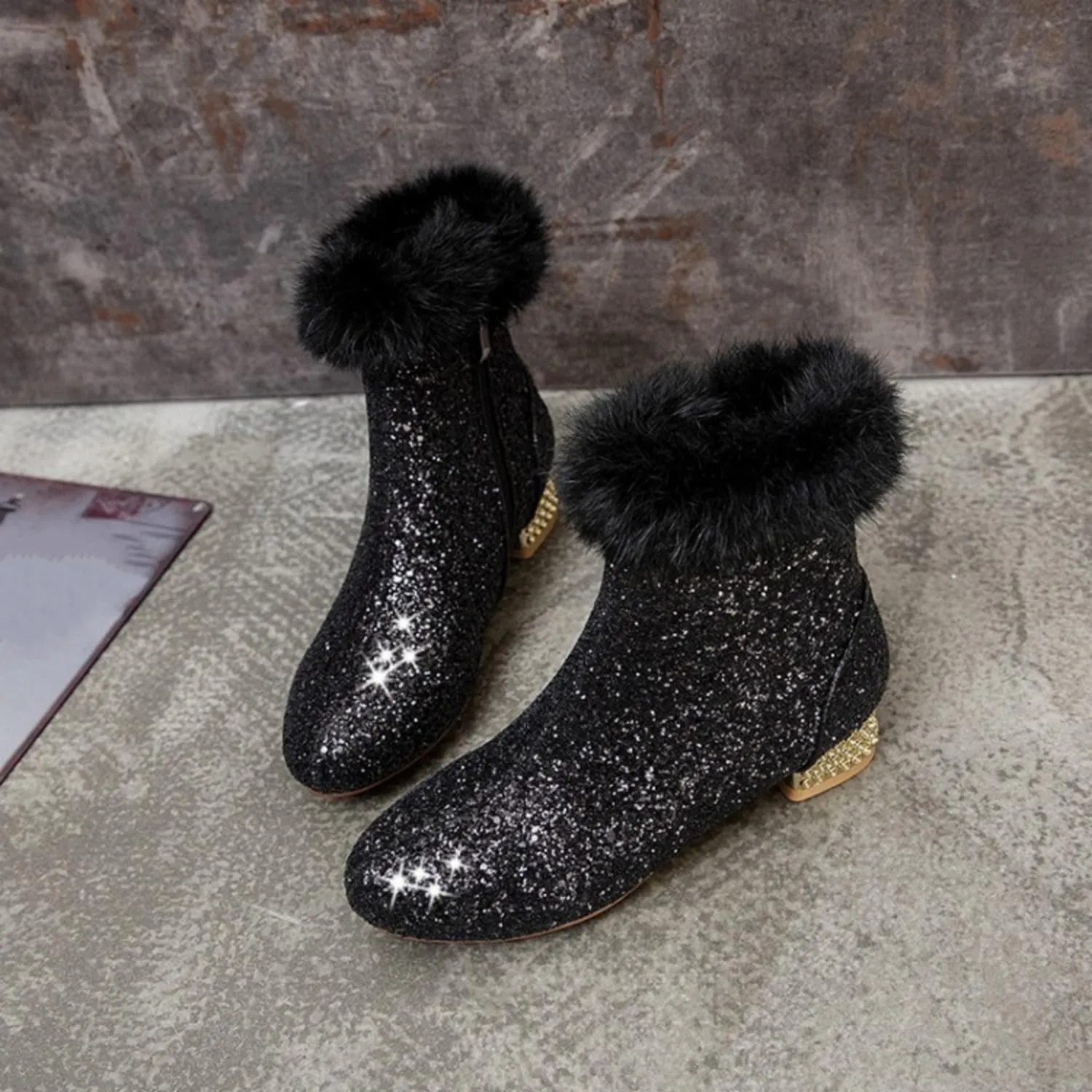 MAVMAX Sequin Low Heeled Ankle Boots Women Sparkly Glitter Block Heel Booties