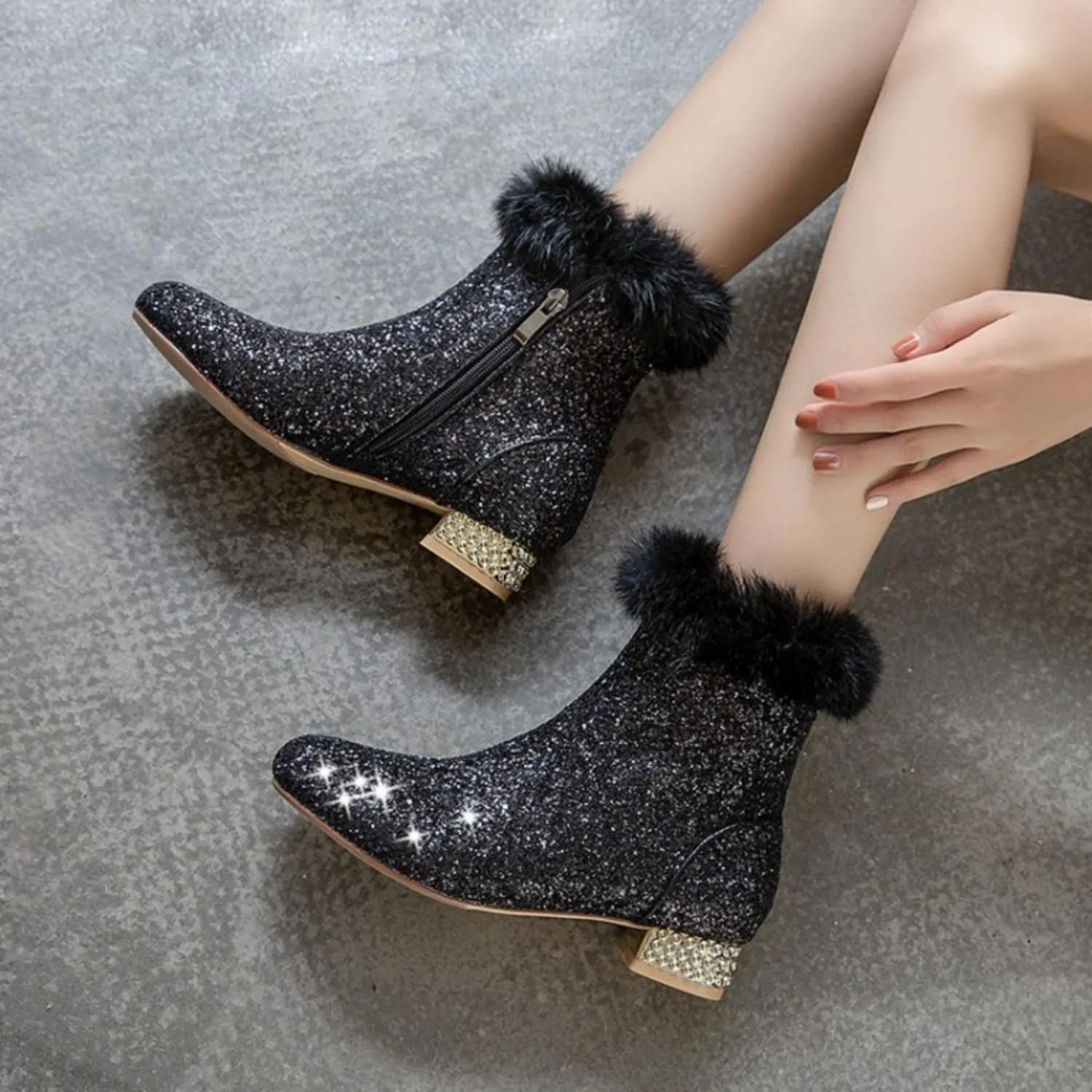 MAVMAX Sequin Low Heeled Ankle Boots Women Sparkly Glitter Block Heel Booties