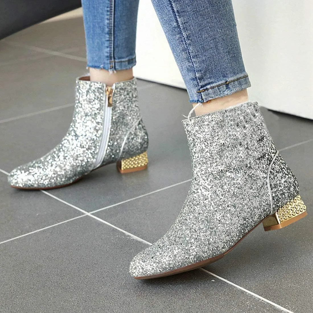 MAVMAX Sequin Low Heeled Ankle Boots Women Sparkly Glitter Block Heel Booties
