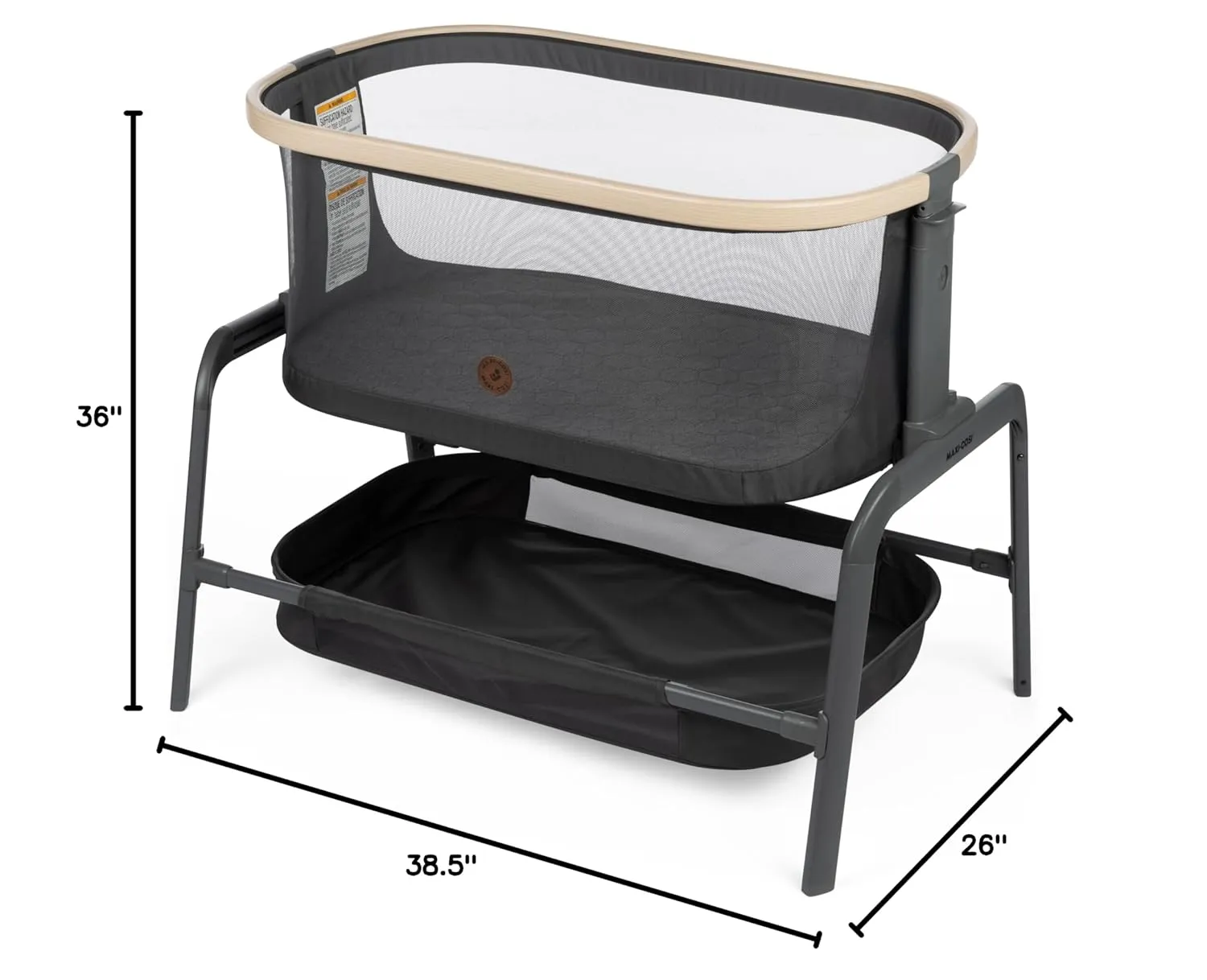 Maxi-Cosi Iora Baby Bassinets Bedside Sleeper, Portable Bassinet, Infant Bedside Sleeper Crib, Height Adjustable, Breathable Mesh, Large Storage Basket, Classic Graphite