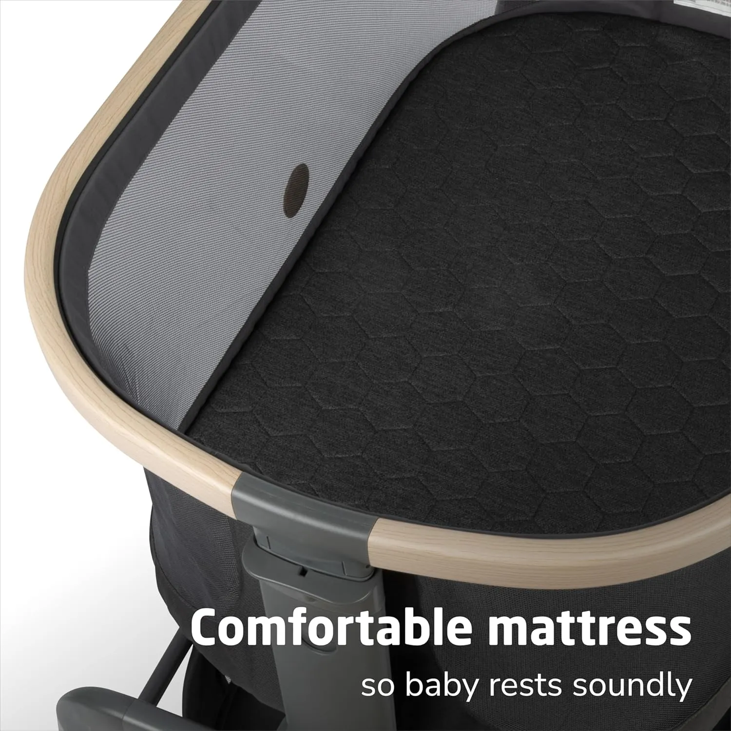 Maxi-Cosi Iora Baby Bassinets Bedside Sleeper, Portable Bassinet, Infant Bedside Sleeper Crib, Height Adjustable, Breathable Mesh, Large Storage Basket, Classic Graphite