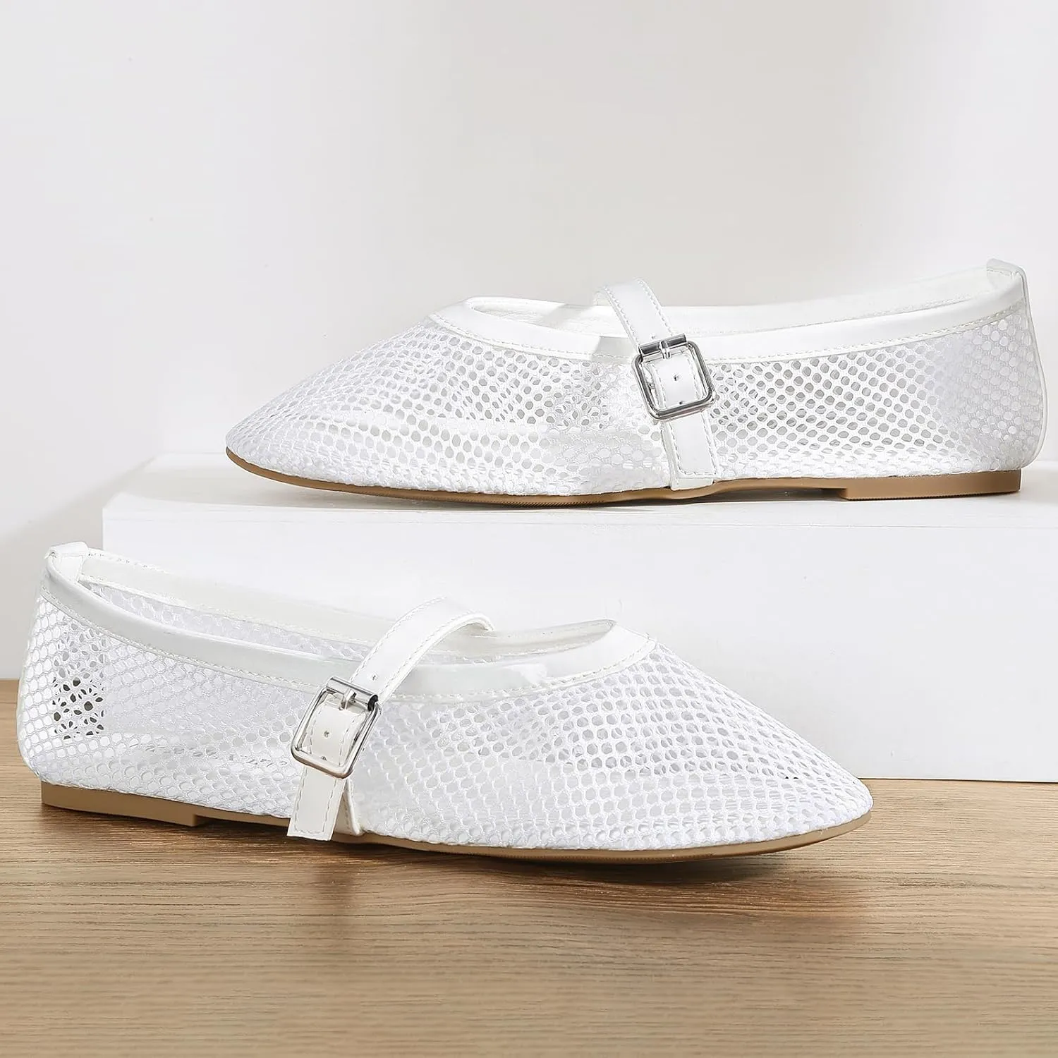 MaxMuxun Women's Flats Mesh Ballet Flats Round Toe Buckle Strap Comfortable Causal Dress Flats Shoes