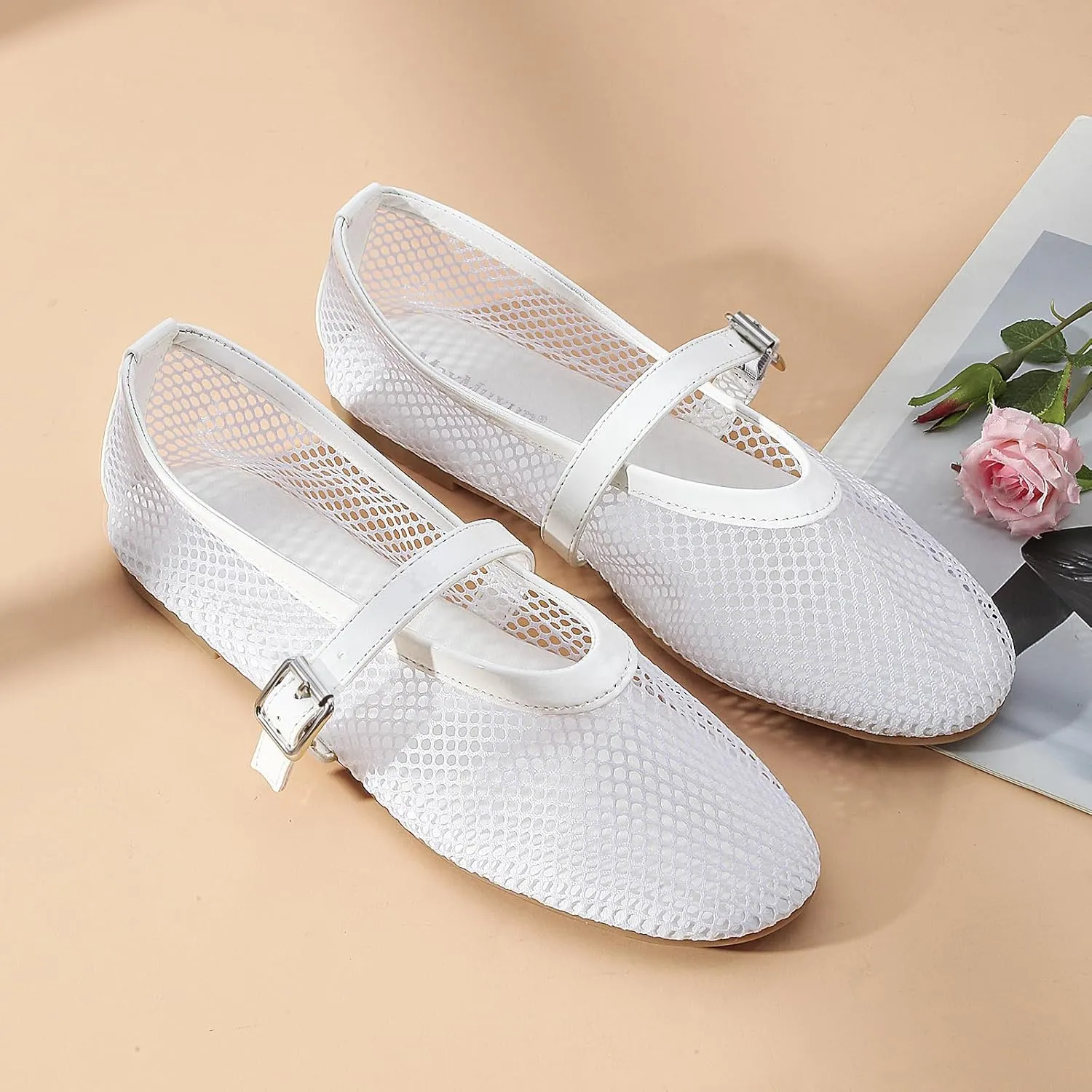 MaxMuxun Women's Flats Mesh Ballet Flats Round Toe Buckle Strap Comfortable Causal Dress Flats Shoes