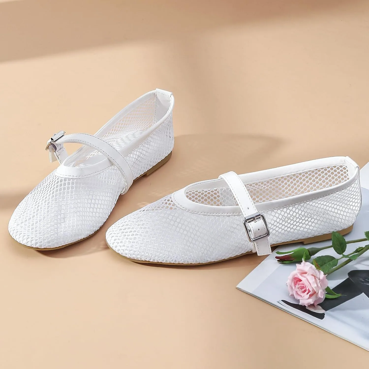 MaxMuxun Women's Flats Mesh Ballet Flats Round Toe Buckle Strap Comfortable Causal Dress Flats Shoes