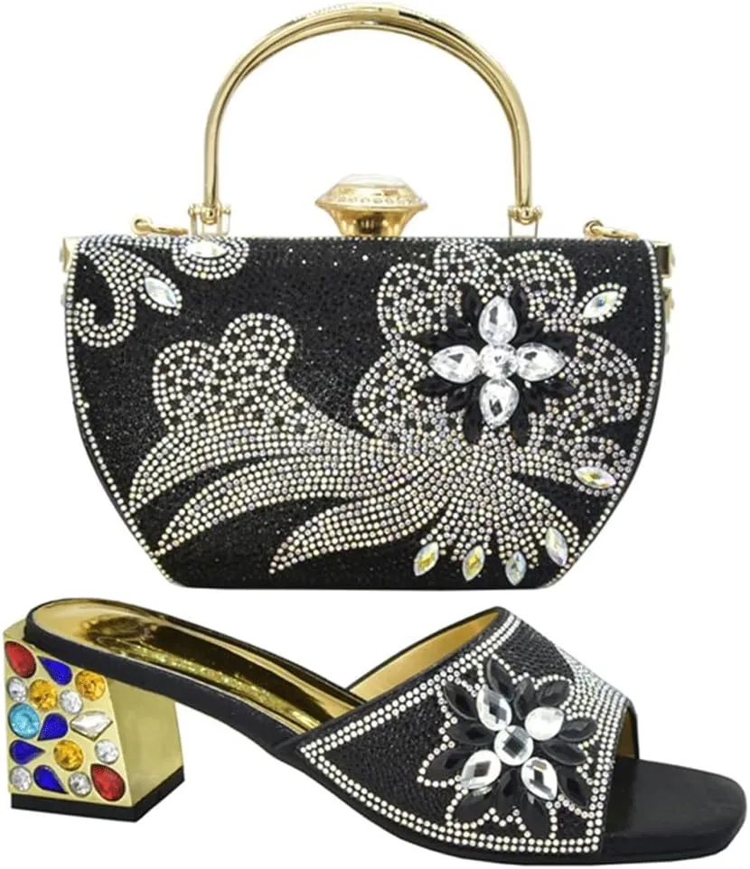 Medium heel color diamond square sandals slippers with handbag rhinestone bag dinner wedding shoe bag