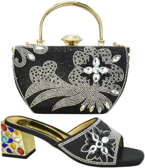 Medium heel color diamond square sandals slippers with handbag rhinestone bag dinner wedding shoe bag