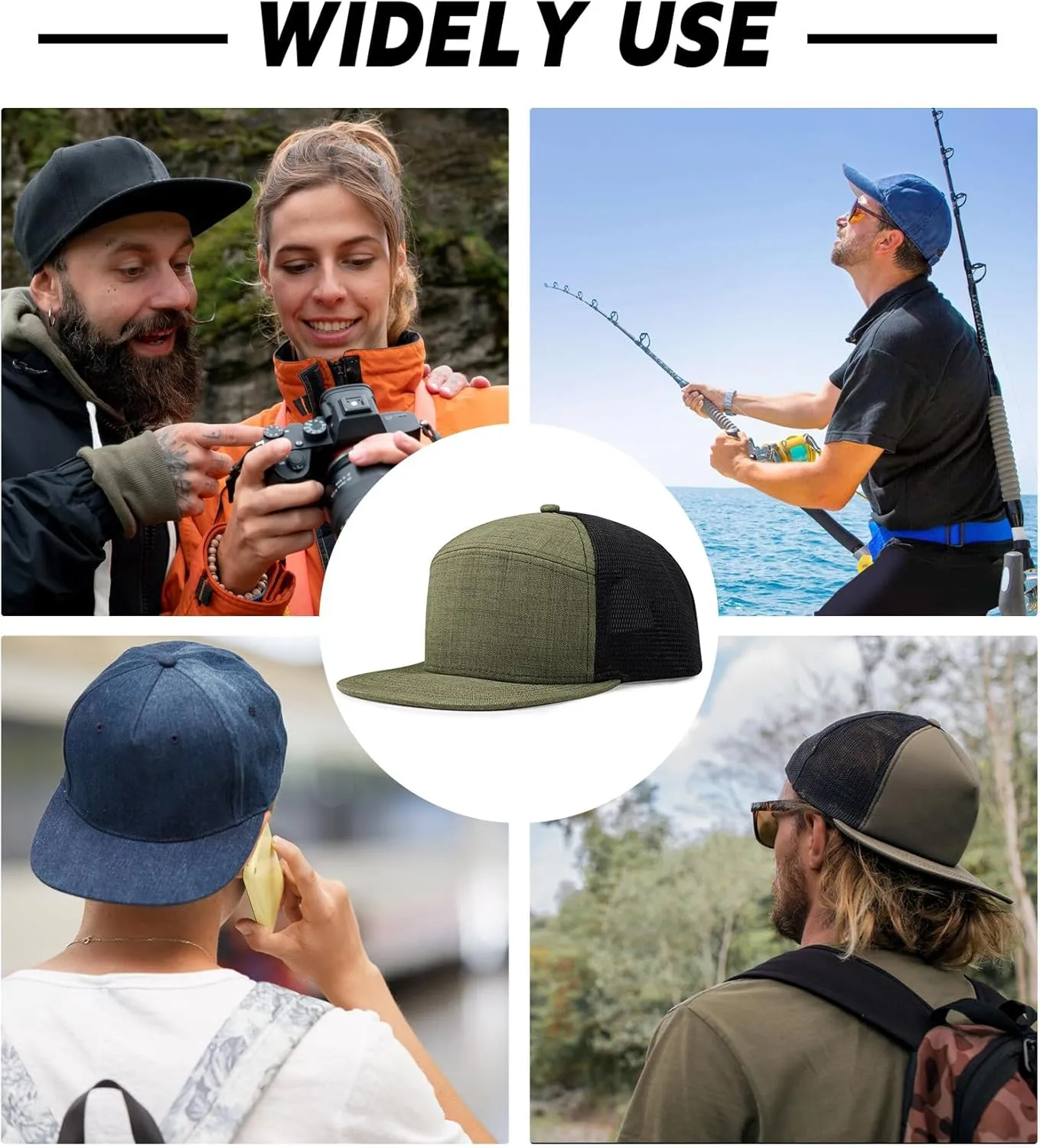 Men Flat Brim Adjustable Snapback Trucker Hat 6 Panel Camper Style Hat Blank Mesh Back Baseball Cap