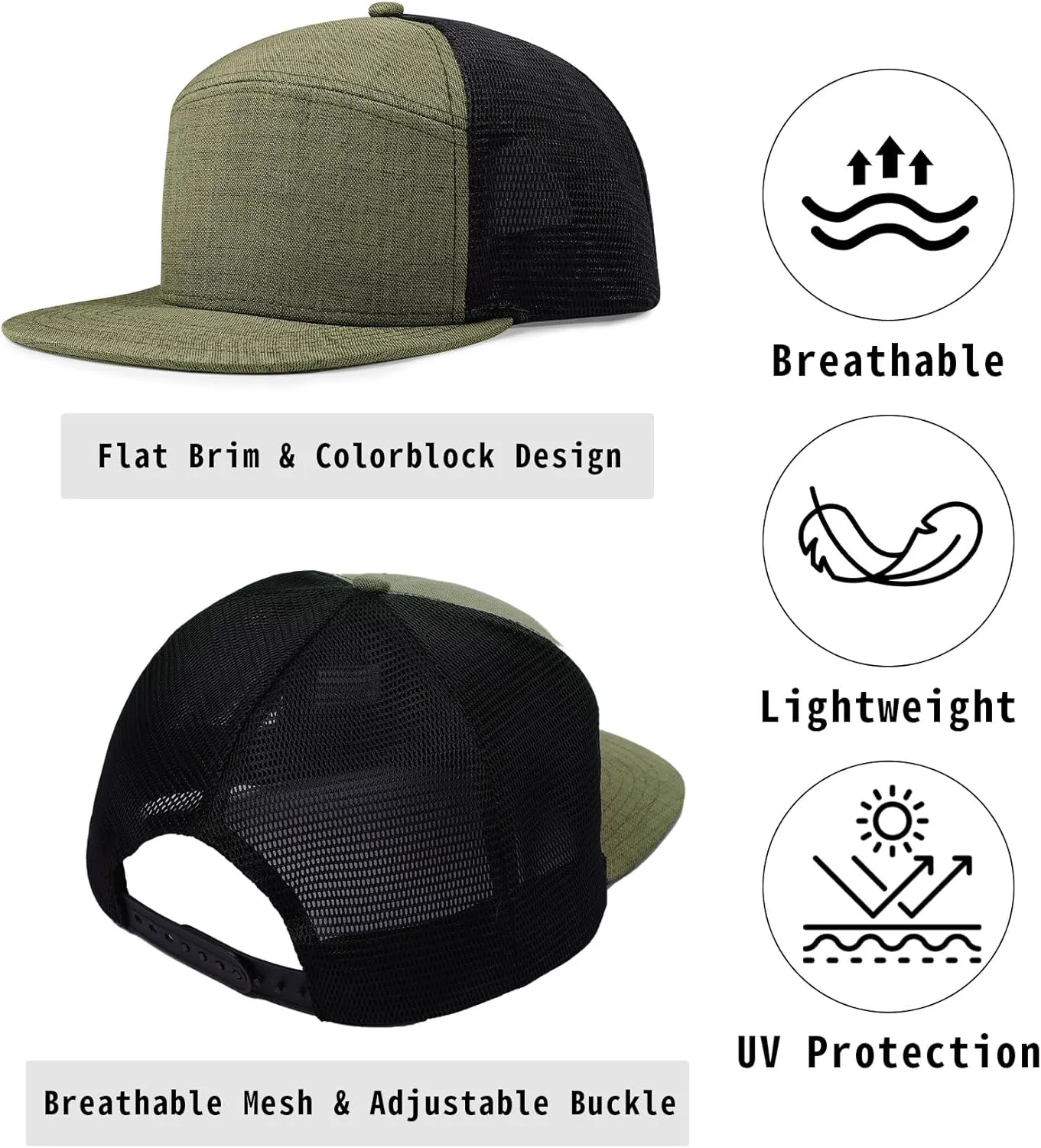 Men Flat Brim Adjustable Snapback Trucker Hat 6 Panel Camper Style Hat Blank Mesh Back Baseball Cap