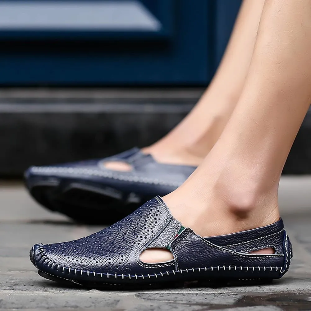 Men's Breathable Summer Genuine Leather Sandal Perforated Casual Walking Driving Flats Shoes