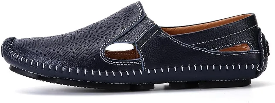Men's Breathable Summer Genuine Leather Sandal Perforated Casual Walking Driving Flats Shoes