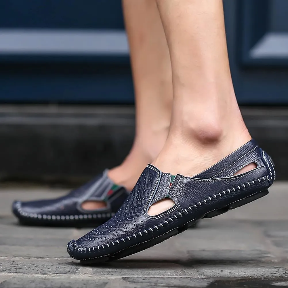 Men's Breathable Summer Genuine Leather Sandal Perforated Casual Walking Driving Flats Shoes