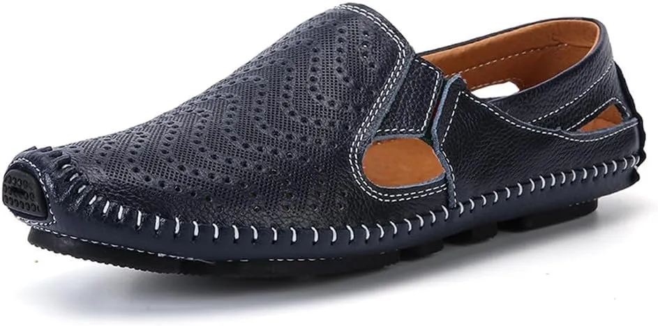 Men's Breathable Summer Genuine Leather Sandal Perforated Casual Walking Driving Flats Shoes