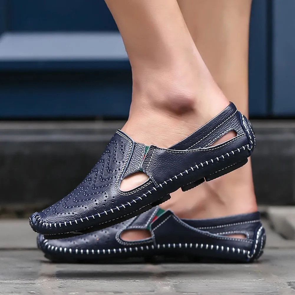 Men's Breathable Summer Genuine Leather Sandal Perforated Casual Walking Driving Flats Shoes