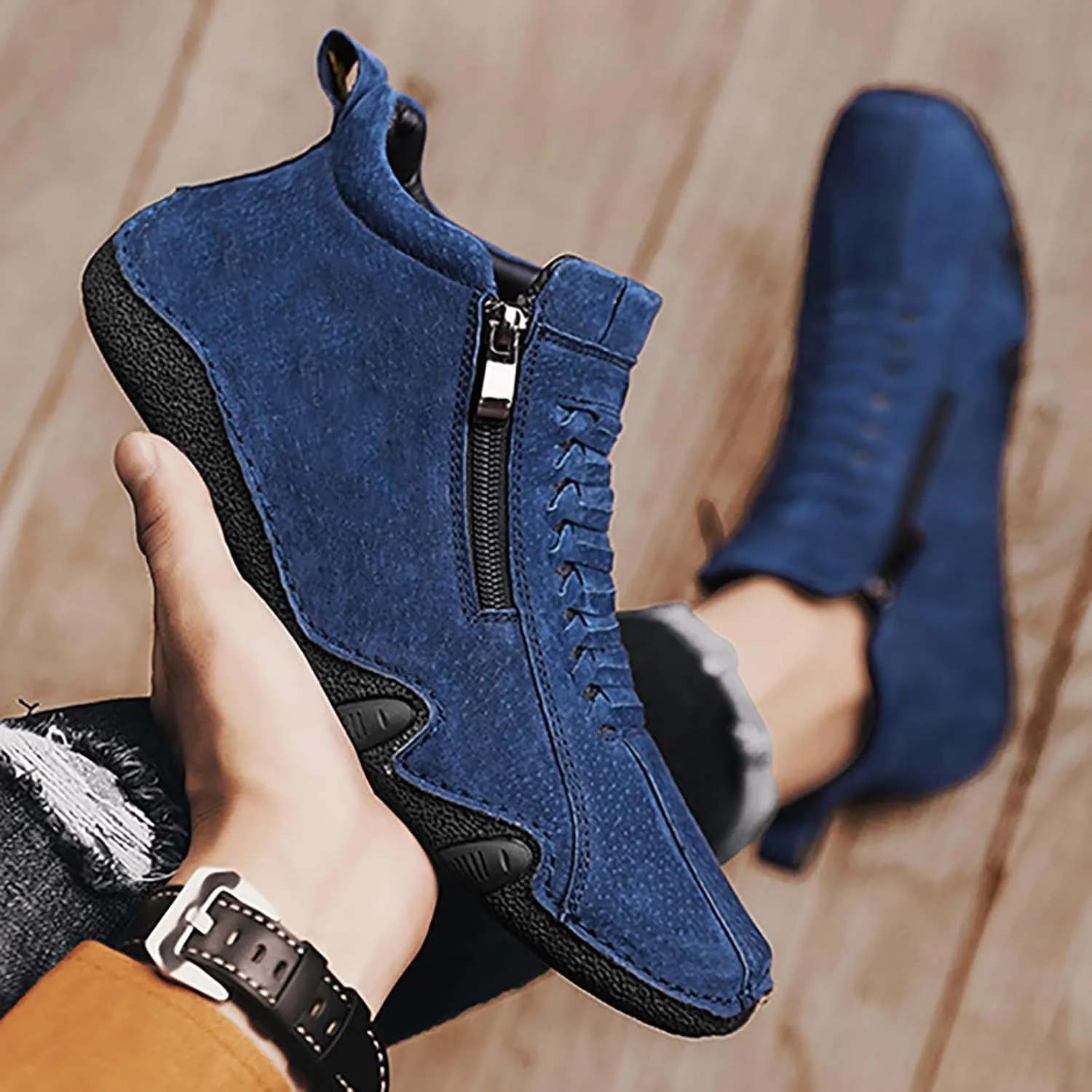 Men's Casual Barefoot Shoes 2025 Breathable Comfy Flat Bottom Bussiness Casual Shoes for Work Side Zip Non Slip Plus Size Leather Loafers for Men
