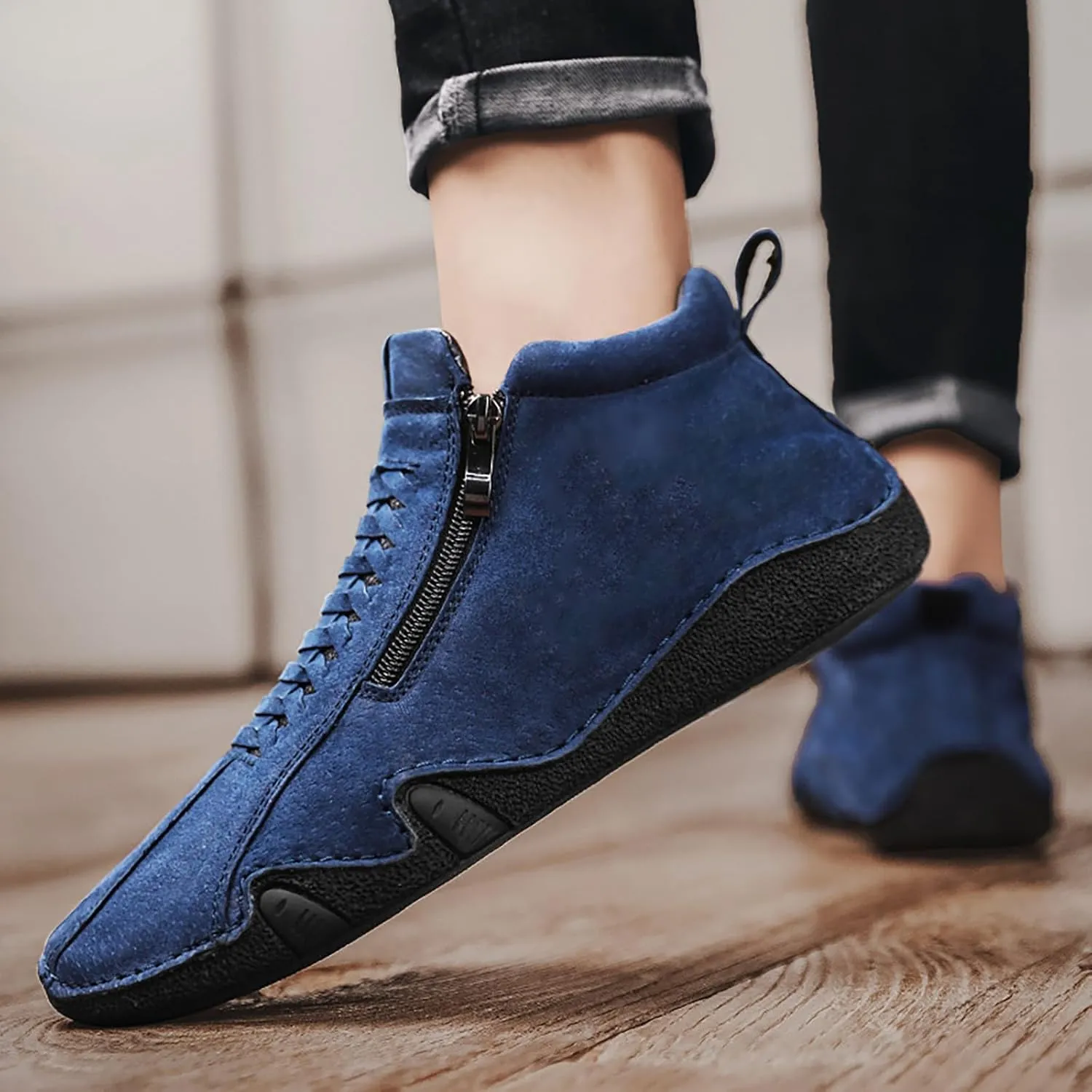 Men's Casual Barefoot Shoes 2025 Breathable Comfy Flat Bottom Bussiness Casual Shoes for Work Side Zip Non Slip Plus Size Leather Loafers for Men