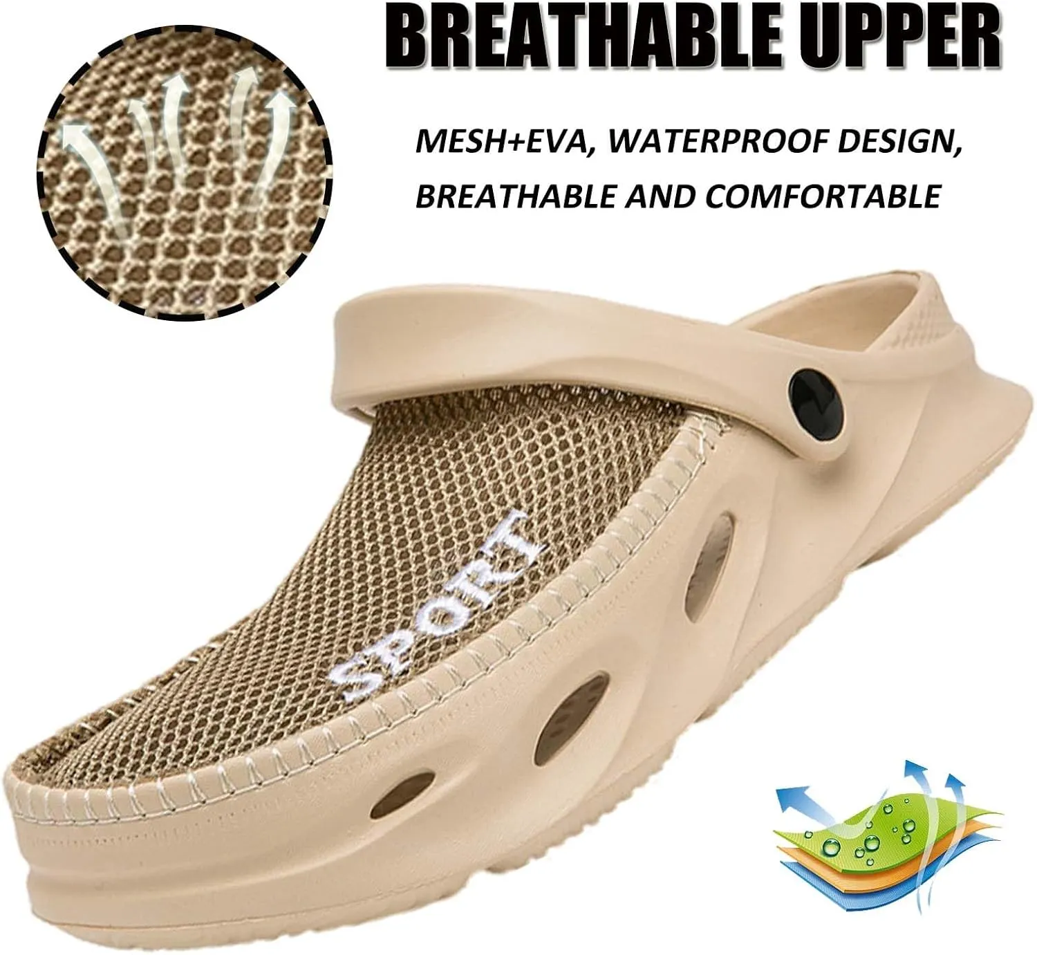 Mens Garden Clogs Shoes Breathable Summer Beach Sandals Sports Sandals Adjustable Slide Slip-on Outdoor Beach Slippers