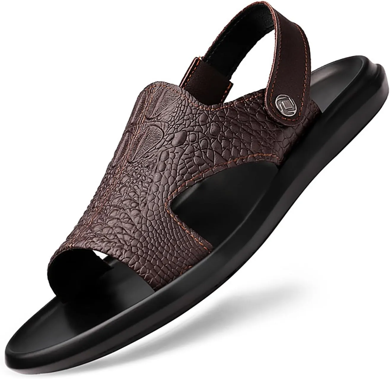 Men'S Genuine Leather Alligator Printed Slip On Beach Sandals Dual-Purpose Adjustable Fashion Round Open Toe Flat Sandals Summer Casual Dressy Sandals