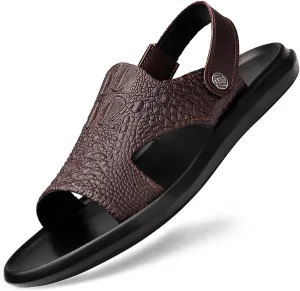 Men'S Genuine Leather Alligator Printed Slip On Beach Sandals Dual-Purpose Adjustable Fashion Round Open Toe Flat Sandals Summer Casual Dressy Sandals