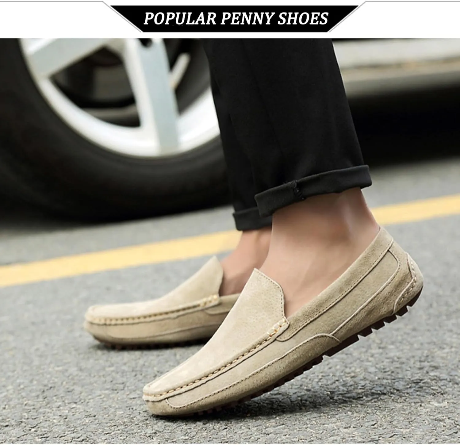 Men's Handmade Suede Wide Plain Toe Driving Penny Loafers Slip on Flat Casual Dress Boat Shoes Classic British Soft Sole Business Moccasins Formal Shoes