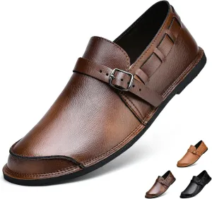 Men's Leather Slip On Flat Loafer,Casual Lightweight Soft Sole Driving Penny Shoes Adjustable Buckle Hand-Made Dress Shoes