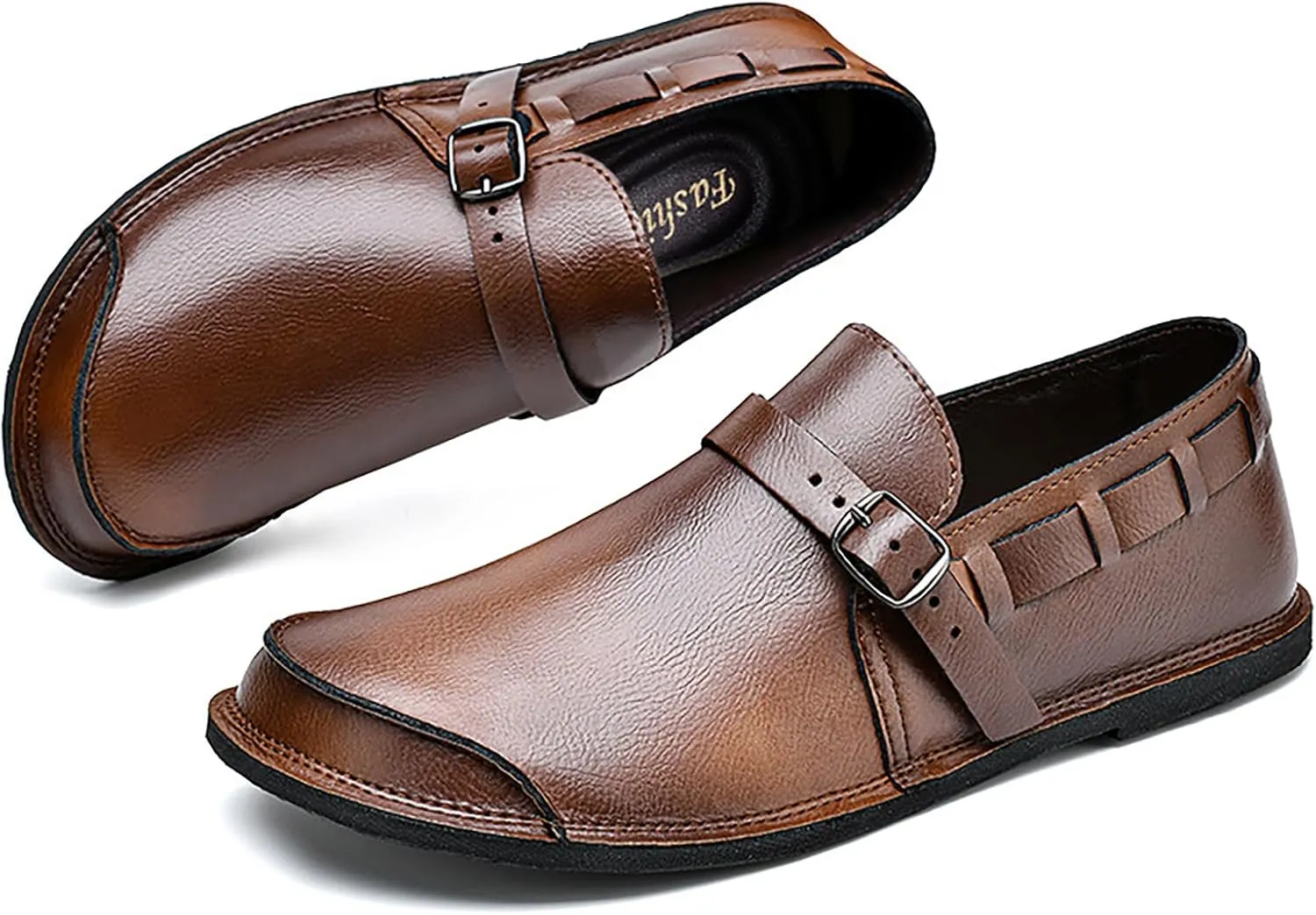 Men's Leather Slip On Flat Loafer,Casual Lightweight Soft Sole Driving Penny Shoes Adjustable Buckle Hand-Made Dress Shoes