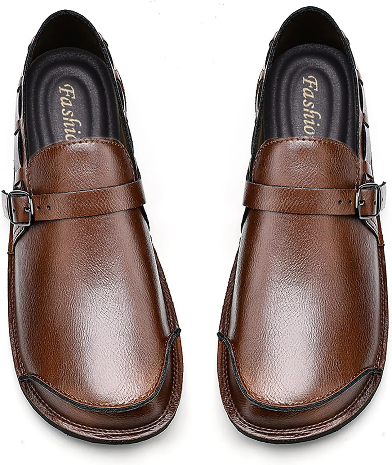 Men's Leather Slip On Flat Loafer,Casual Lightweight Soft Sole Driving Penny Shoes Adjustable Buckle Hand-Made Dress Shoes