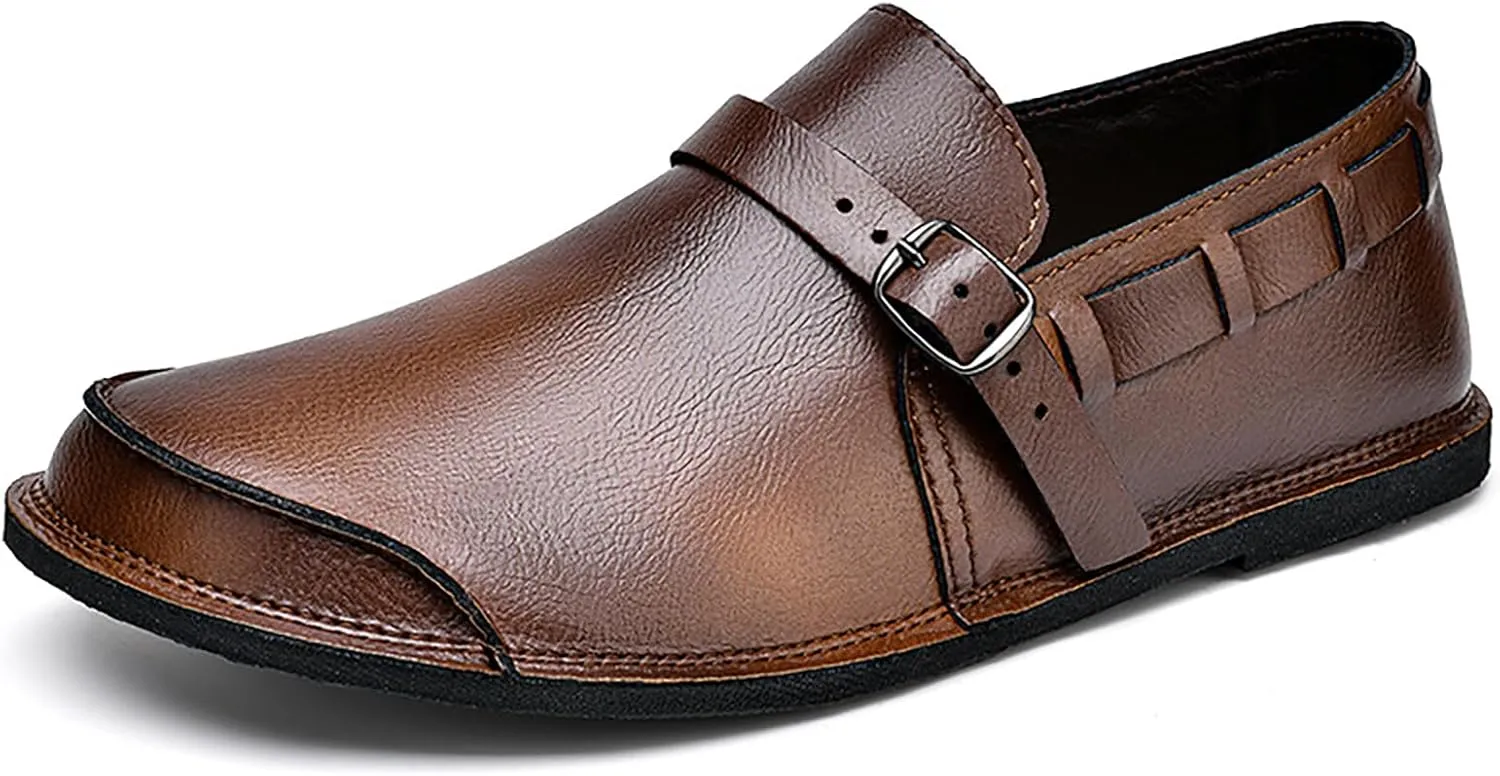 Men's Leather Slip On Flat Loafer,Casual Lightweight Soft Sole Driving Penny Shoes Adjustable Buckle Hand-Made Dress Shoes